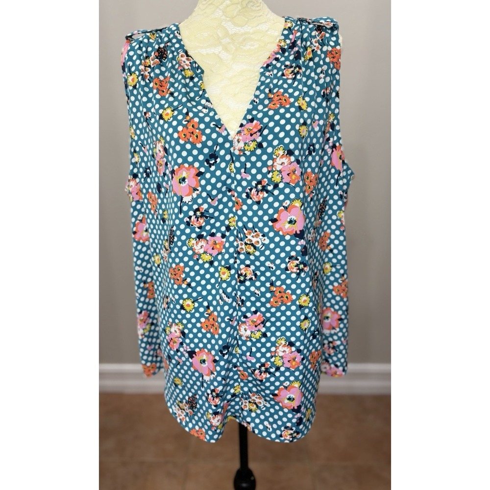ModCloth Womens 2X Blue Floral Polka Dot Sleeveless V Neck Blouse Retro Plus